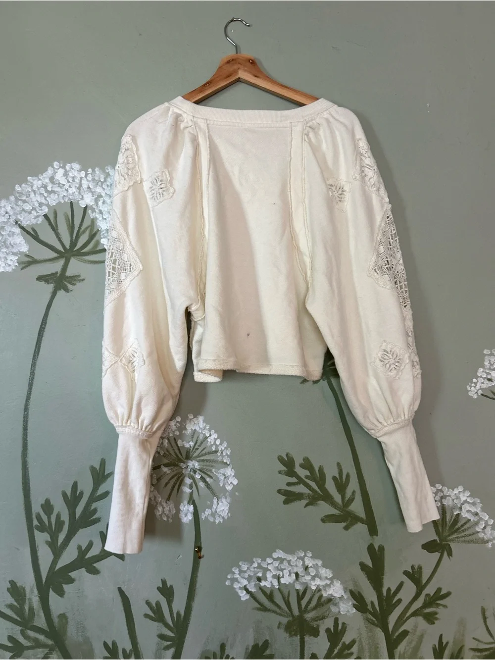Free People Cream Long-Sleeve Lace-Inset Pullover Top
